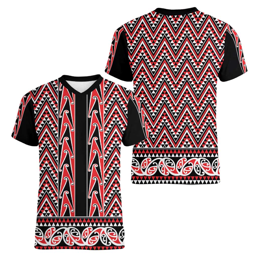 New Zealand Maori Niho Taniwha Women V-Neck T-Shirt Whero Mangopare and Puhoro Pattern LT9 - Polynesian Pride