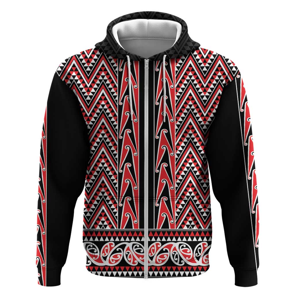 New Zealand Maori Niho Taniwha Zip Hoodie Whero Mangopare and Puhoro Pattern