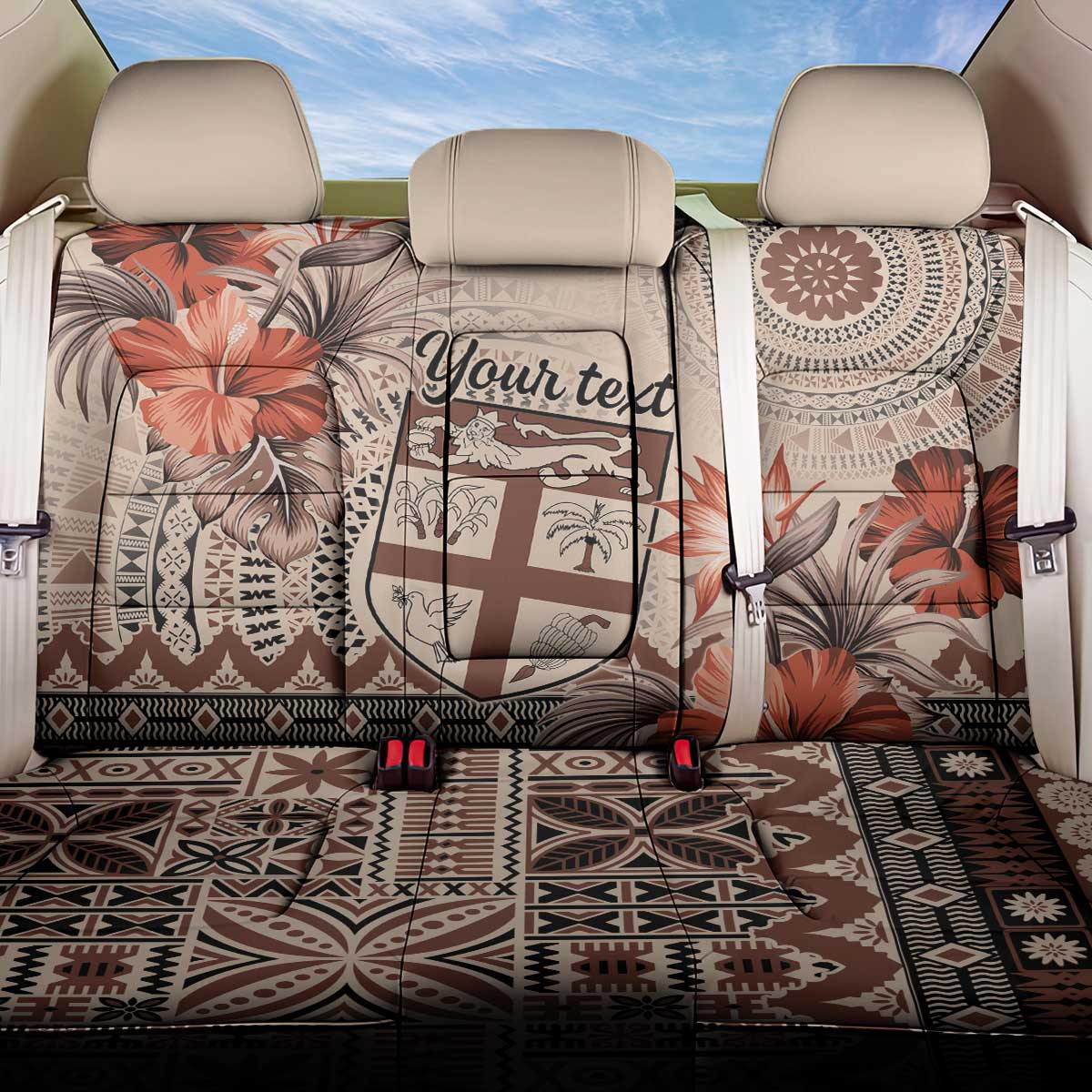 Vintage Bula Fiji Personalised Back Car Seat Cover Beige Hibiscus Tapa Pattern