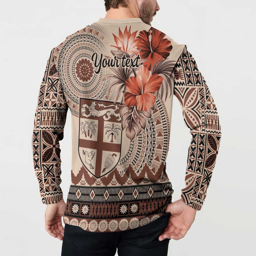 Vintage Bula Fiji Personalised Button Sweatshirt Beige Hibiscus Tapa Pattern