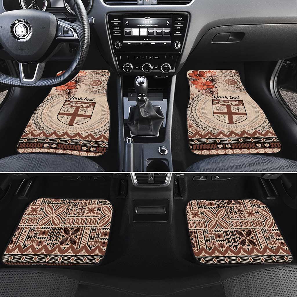 Vintage Bula Fiji Personalised Car Mats Beige Hibiscus Tapa Pattern