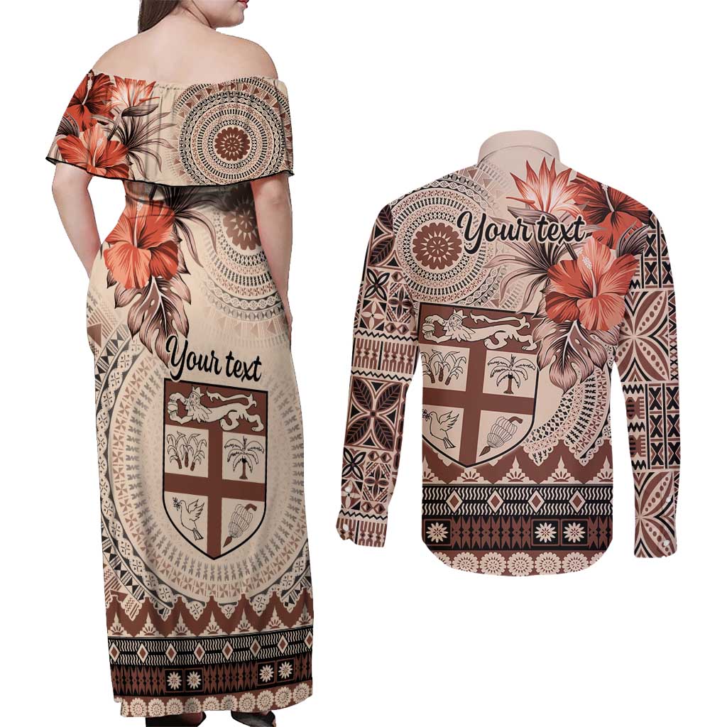 Vintage Bula Fiji Personalised Couples Matching Off Shoulder Maxi Dress and Long Sleeve Button Shirt Beige Hibiscus Tapa Pattern
