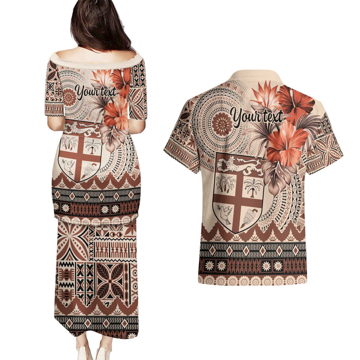 Vintage Bula Fiji Personalised Couples Matching Puletasi and Hawaiian Shirt Beige Hibiscus Tapa Pattern