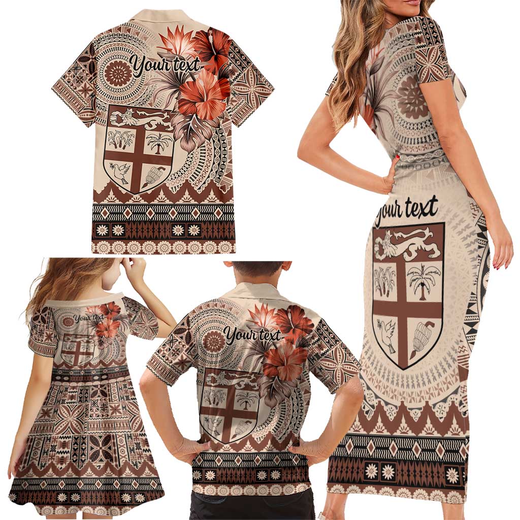 Vintage Bula Fiji Personalised Family Matching Short Sleeve Bodycon Dress and Hawaiian Shirt Beige Hibiscus Tapa Pattern