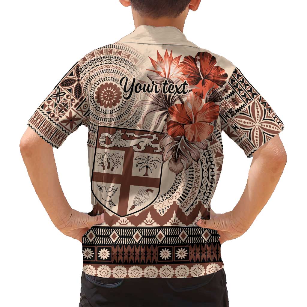 Vintage Bula Fiji Personalised Family Matching Tank Maxi Dress and Hawaiian Shirt Beige Hibiscus Tapa Pattern