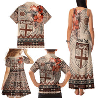 Vintage Bula Fiji Personalised Family Matching Tank Maxi Dress and Hawaiian Shirt Beige Hibiscus Tapa Pattern
