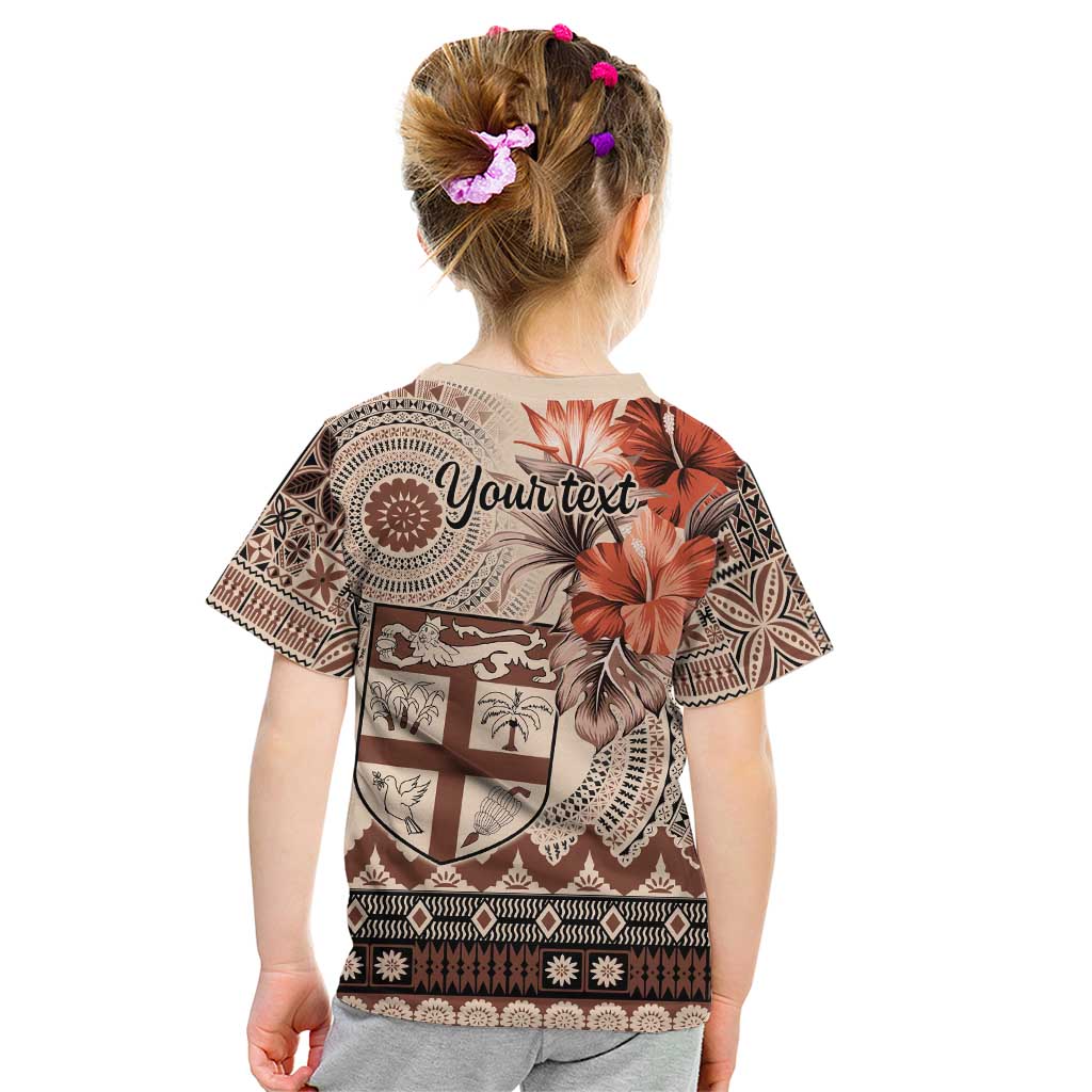 Vintage Bula Fiji Personalised Kid T Shirt Beige Hibiscus Tapa Pattern