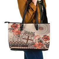 Vintage Bula Fiji Personalised Leather Tote Bag Beige Hibiscus Tapa Pattern