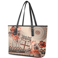 Vintage Bula Fiji Personalised Leather Tote Bag Beige Hibiscus Tapa Pattern