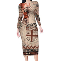 Vintage Bula Fiji Personalised Long Sleeve Bodycon Dress Beige Hibiscus Tapa Pattern