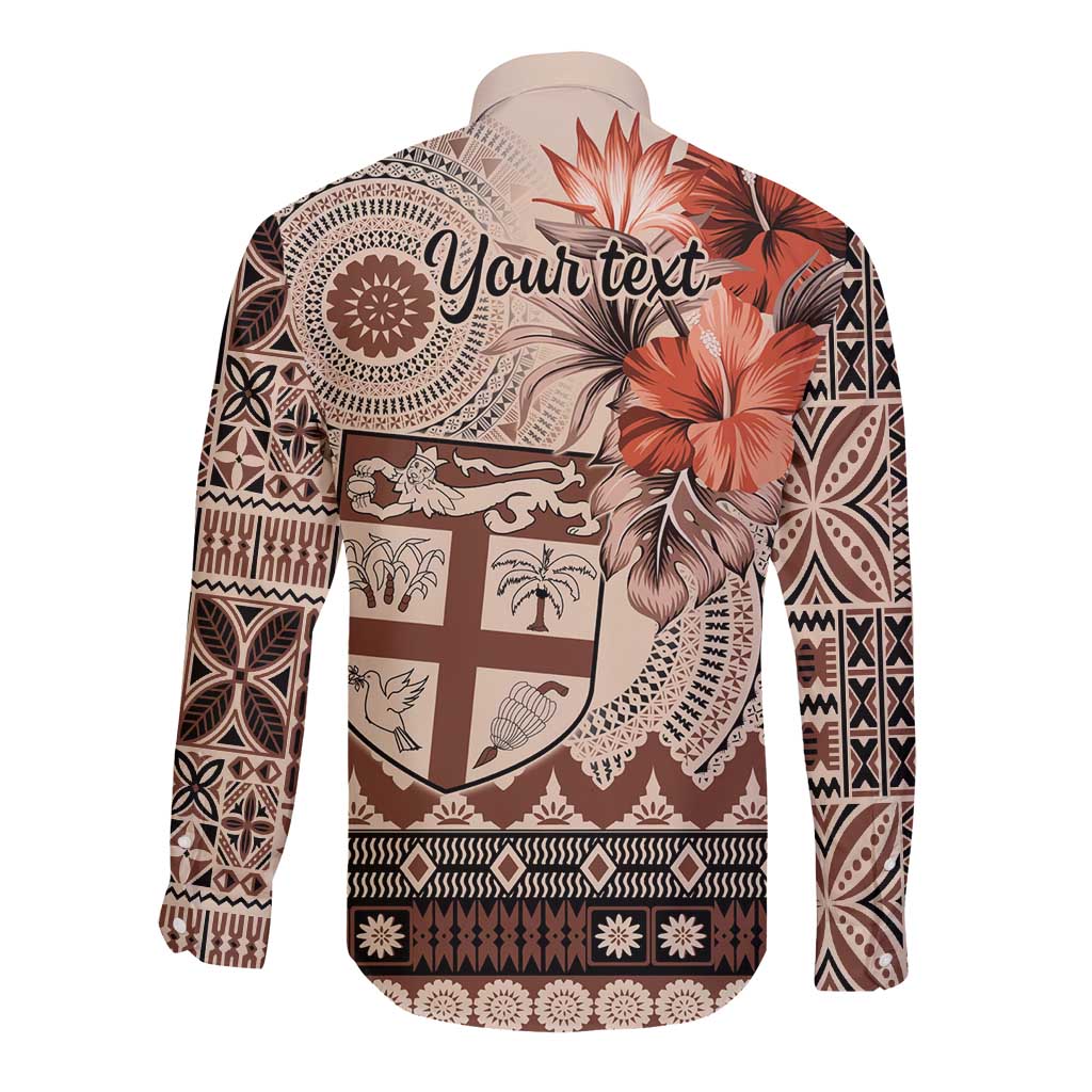 Vintage Bula Fiji Personalised Long Sleeve Button Shirt Beige Hibiscus Tapa Pattern