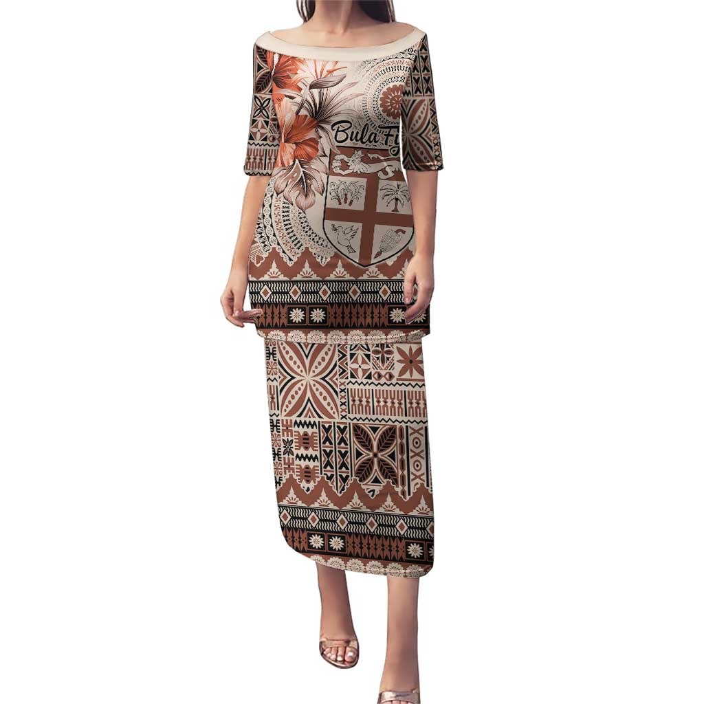 Vintage Bula Fiji Personalised Puletasi Beige Hibiscus Tapa Pattern