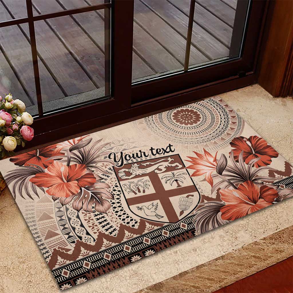 Vintage Bula Fiji Personalised Rubber Doormat Beige Hibiscus Tapa Pattern