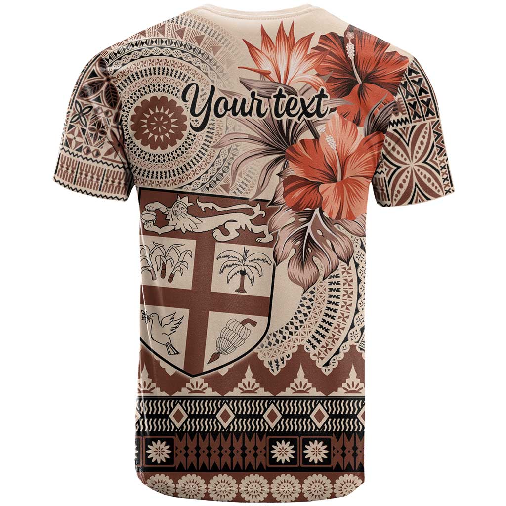 Vintage Bula Fiji Personalised T Shirt Beige Hibiscus Tapa Pattern