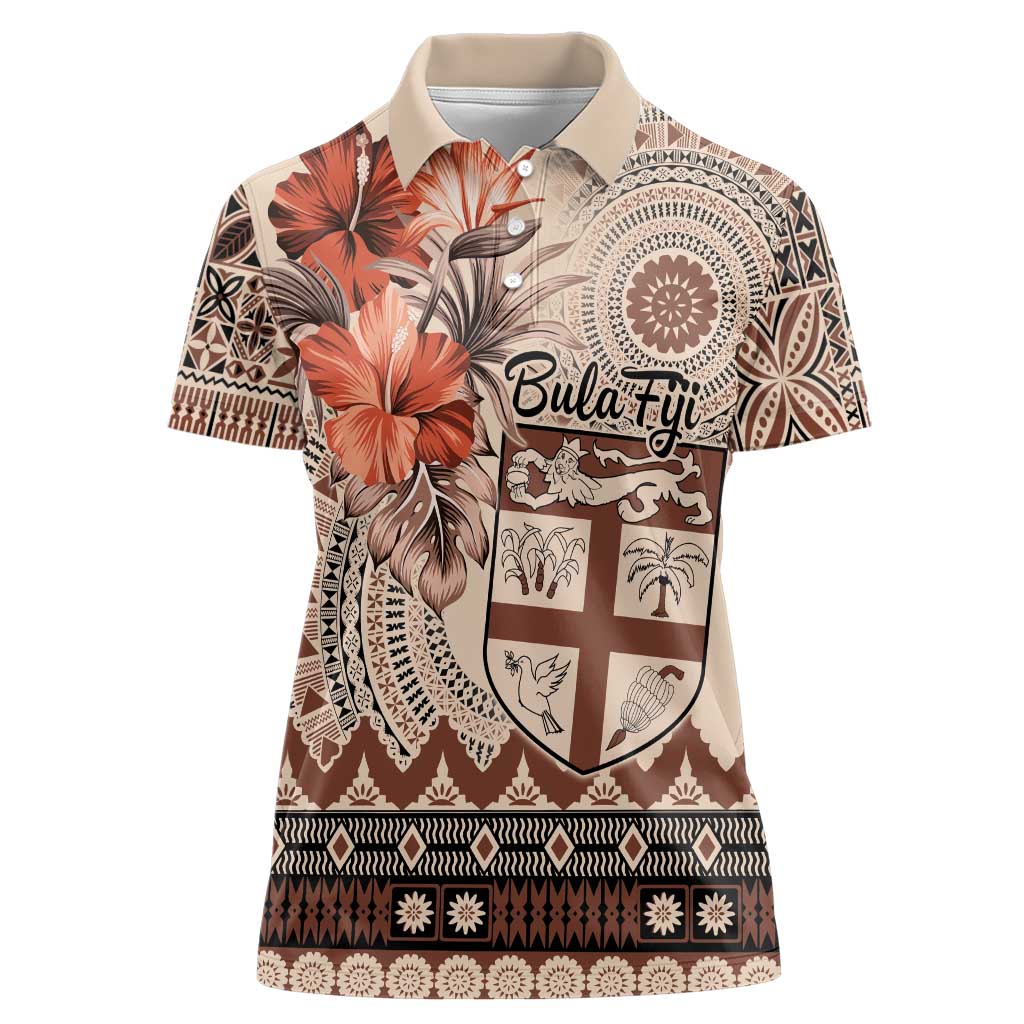 Vintage Bula Fiji Personalised Women Polo Shirt Beige Hibiscus Tapa Pattern