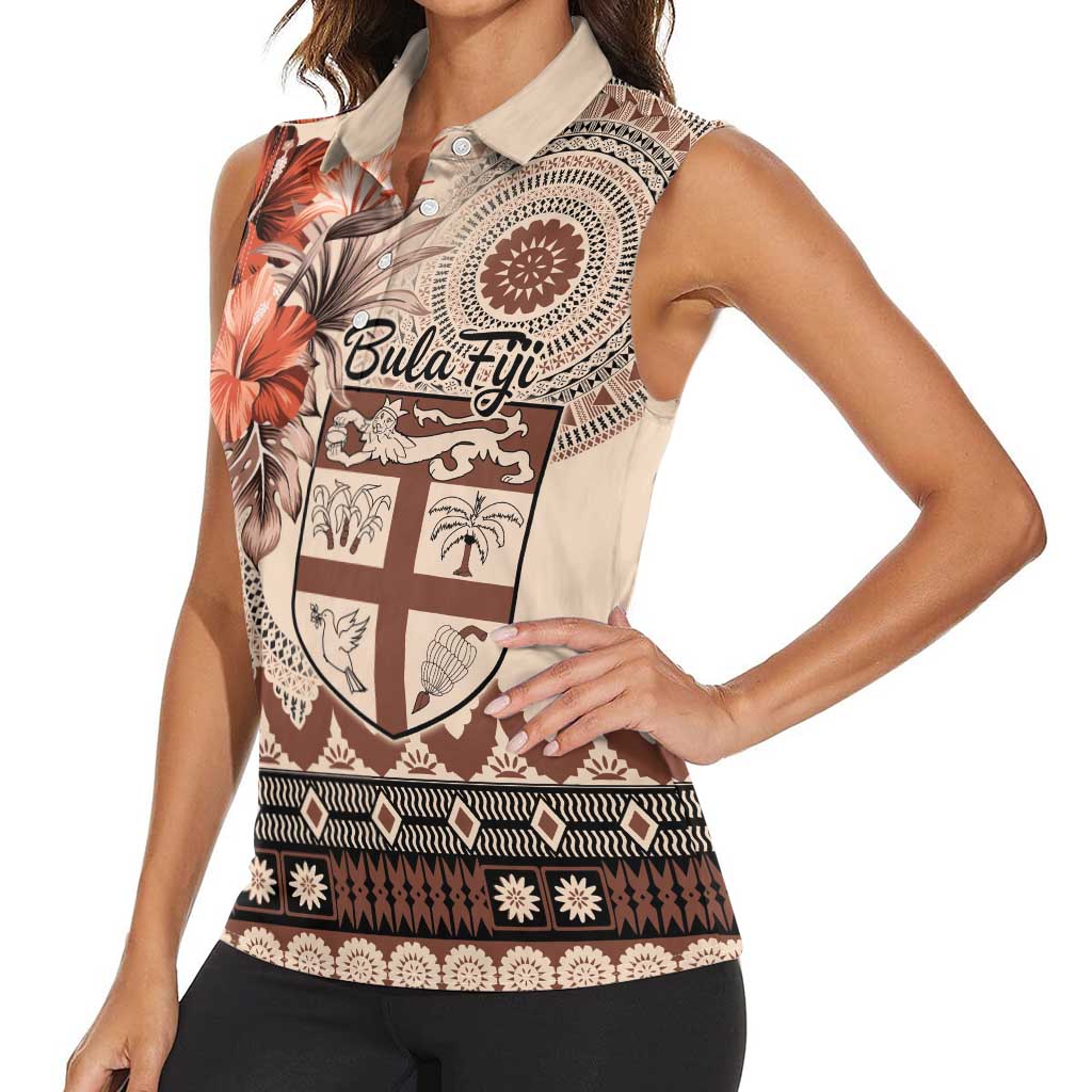 Vintage Bula Fiji Personalised Women Sleeveless Polo Shirt Beige Hibiscus Tapa Pattern