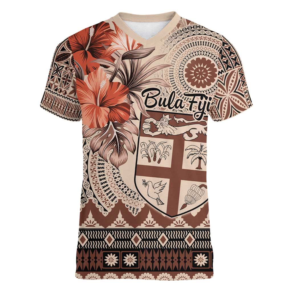 Vintage Bula Fiji Personalised Women V-Neck T-Shirt Beige Hibiscus Tapa Pattern