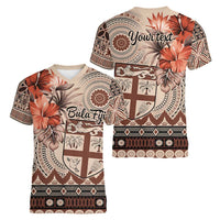 Vintage Bula Fiji Personalised Women V-Neck T-Shirt Beige Hibiscus Tapa Pattern
