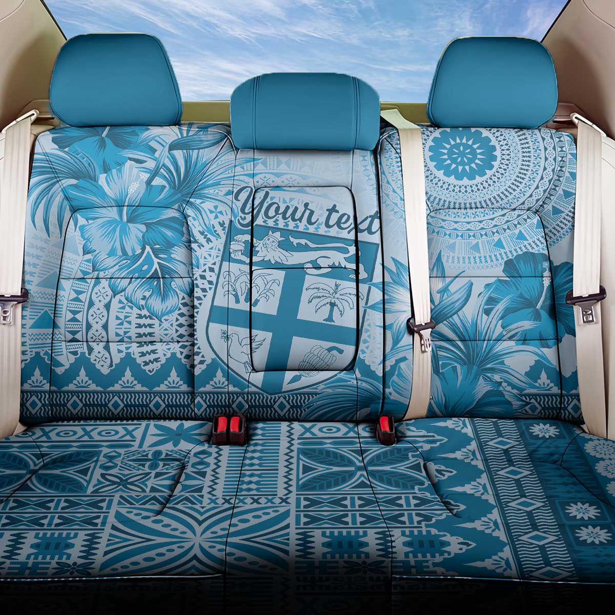 Vintage Bula Fiji Personalised Back Car Seat Cover Blue Hibiscus Tapa Pattern LT9