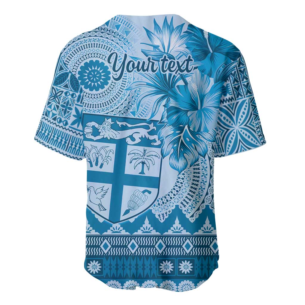 Vintage Bula Fiji Personalised Baseball Jersey Blue Hibiscus Tapa Pattern
