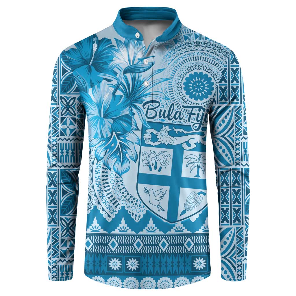 Vintage Bula Fiji Personalised Button Sweatshirt Blue Hibiscus Tapa Pattern