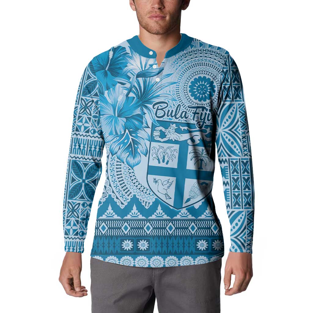 Vintage Bula Fiji Personalised Button Sweatshirt Blue Hibiscus Tapa Pattern