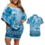 Vintage Bula Fiji Personalised Couples Matching Off Shoulder Short Dress and Hawaiian Shirt Blue Hibiscus Tapa Pattern