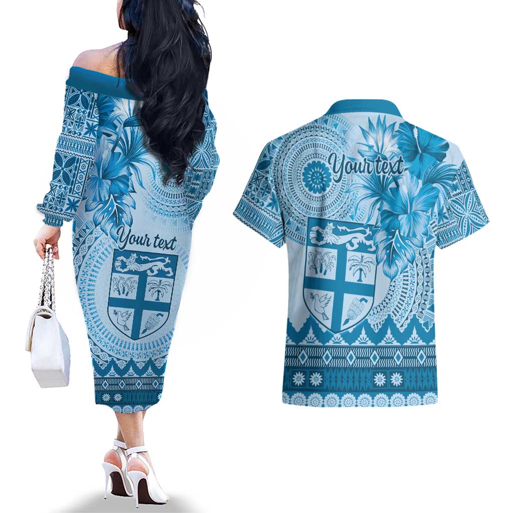 Vintage Bula Fiji Personalised Couples Matching Off The Shoulder Long Sleeve Dress and Hawaiian Shirt Blue Hibiscus Tapa Pattern