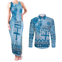 Vintage Bula Fiji Personalised Couples Matching Tank Maxi Dress and Long Sleeve Button Shirt Blue Hibiscus Tapa Pattern