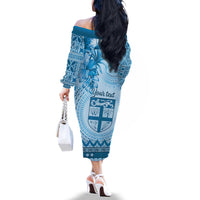 Vintage Bula Fiji Personalised Family Matching Off The Shoulder Long Sleeve Dress and Hawaiian Shirt Blue Hibiscus Tapa Pattern