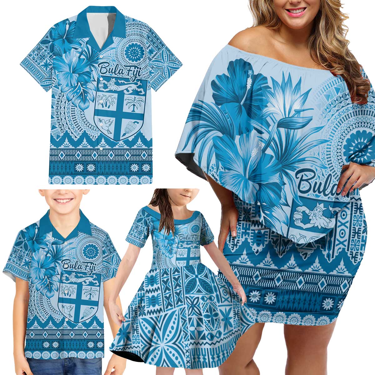 Vintage Bula Fiji Personalised Family Matching Off Shoulder Short Dress and Hawaiian Shirt Blue Hibiscus Tapa Pattern