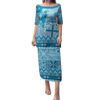 Vintage Bula Fiji Personalised Family Matching Puletasi and Hawaiian Shirt Blue Hibiscus Tapa Pattern