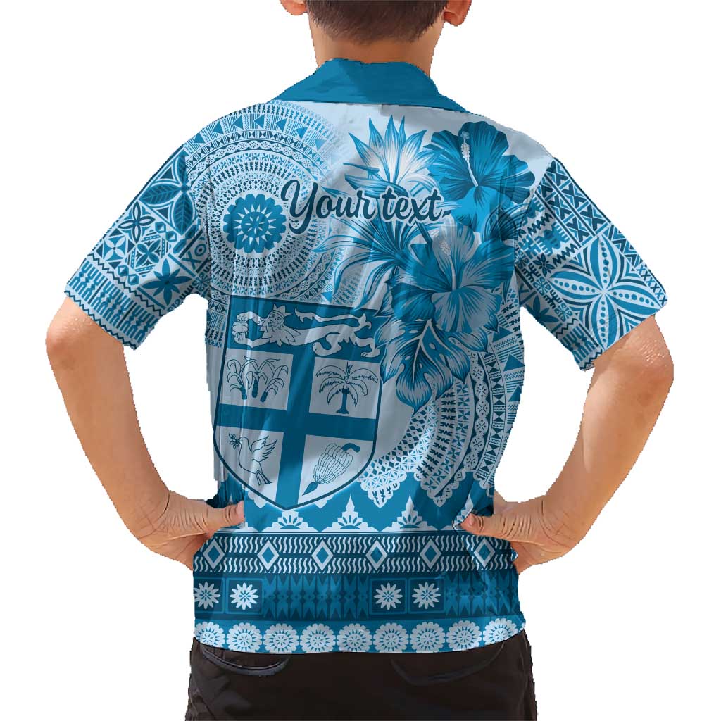 Vintage Bula Fiji Personalised Family Matching Short Sleeve Bodycon Dress and Hawaiian Shirt Blue Hibiscus Tapa Pattern