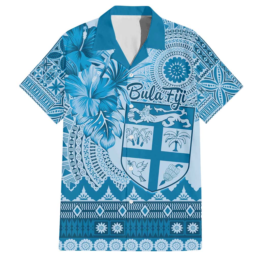 Vintage Bula Fiji Personalised Family Matching Short Sleeve Bodycon Dress and Hawaiian Shirt Blue Hibiscus Tapa Pattern