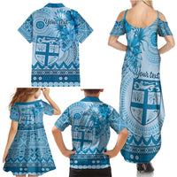 Vintage Bula Fiji Personalised Family Matching Summer Maxi Dress and Hawaiian Shirt Blue Hibiscus Tapa Pattern