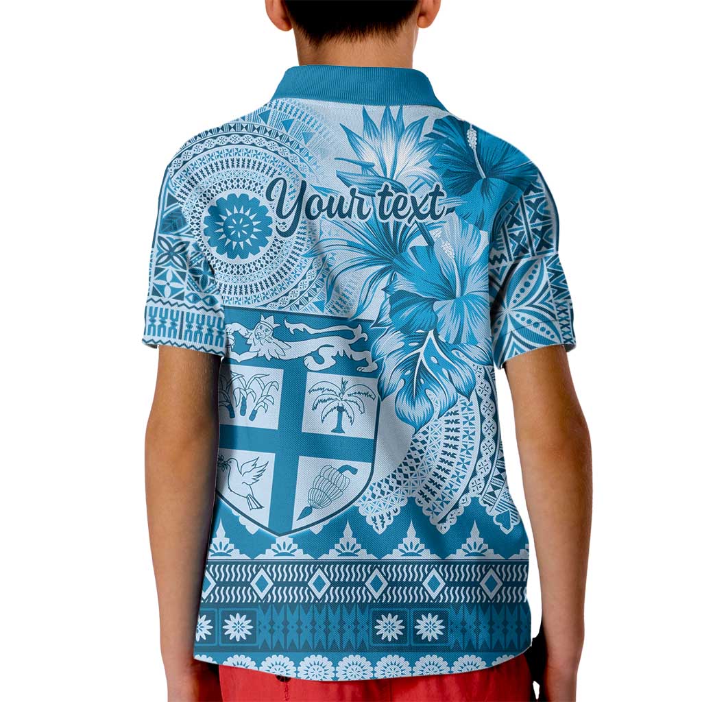 Vintage Bula Fiji Personalised Kid Polo Shirt Blue Hibiscus Tapa Pattern