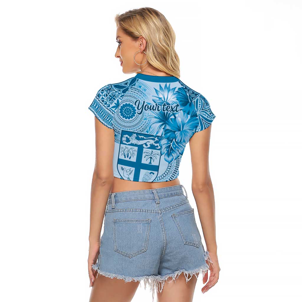 Vintage Bula Fiji Personalised Raglan Cropped T Shirt Blue Hibiscus Tapa Pattern
