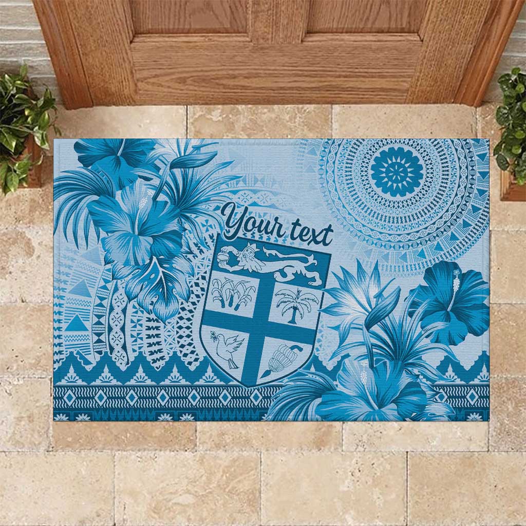 Vintage Bula Fiji Personalised Rubber Doormat Blue Hibiscus Tapa Pattern LT9