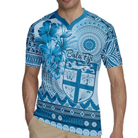 Vintage Bula Fiji Personalised Rugby Jersey Blue Hibiscus Tapa Pattern