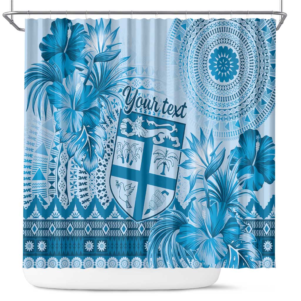 Vintage Bula Fiji Personalised Shower Curtain Blue Hibiscus Tapa Pattern LT9