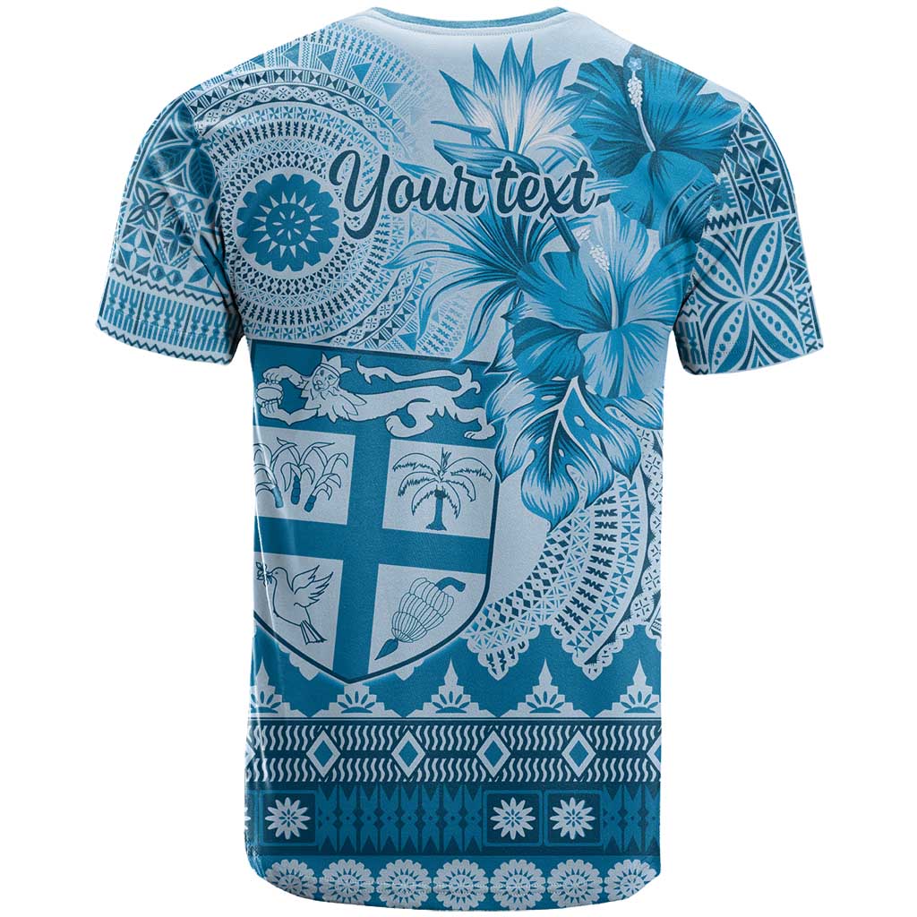Vintage Bula Fiji Personalised T Shirt Blue Hibiscus Tapa Pattern