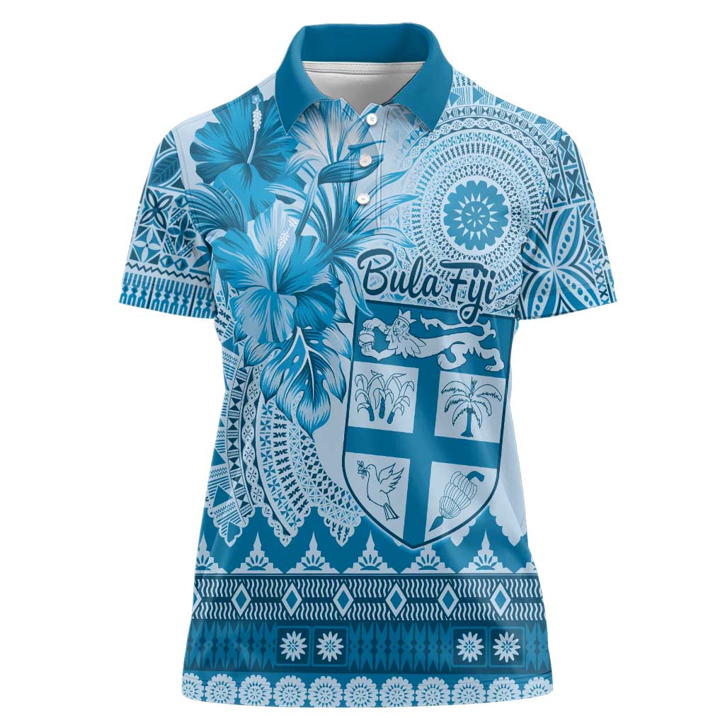 Vintage Bula Fiji Personalised Women Polo Shirt Blue Hibiscus Tapa Pattern