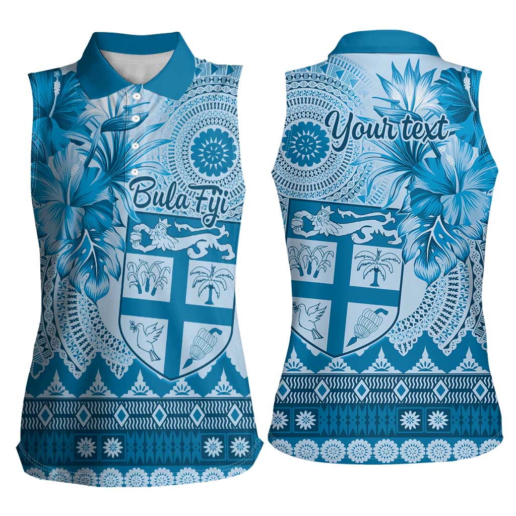 Vintage Bula Fiji Personalised Women Sleeveless Polo Shirt Blue Hibiscus Tapa Pattern