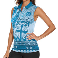 Vintage Bula Fiji Personalised Women Sleeveless Polo Shirt Blue Hibiscus Tapa Pattern