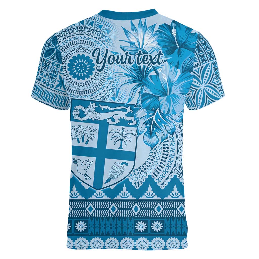 Vintage Bula Fiji Personalised Women V-Neck T-Shirt Blue Hibiscus Tapa Pattern