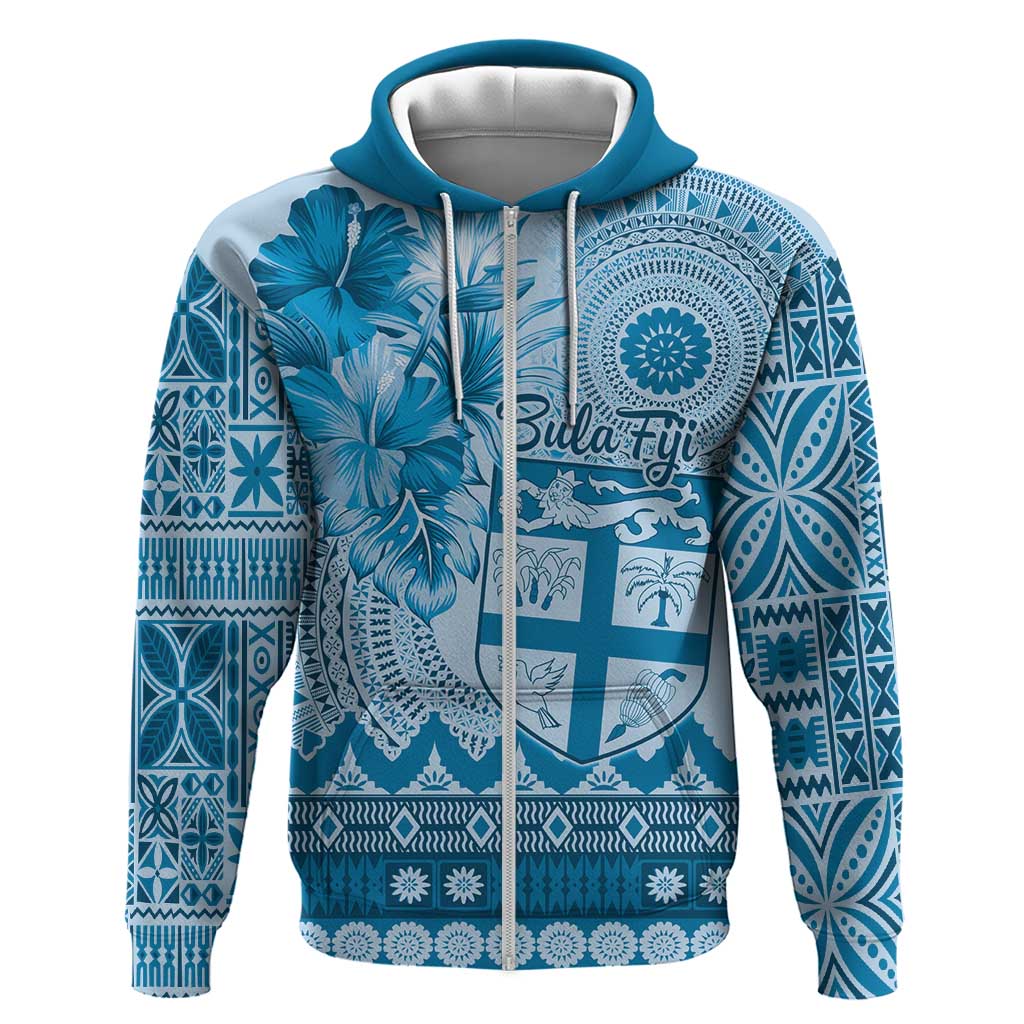 Vintage Bula Fiji Personalised Zip Hoodie Blue Hibiscus Tapa Pattern LT9 Zip Hoodie Blue - Polynesian Pride