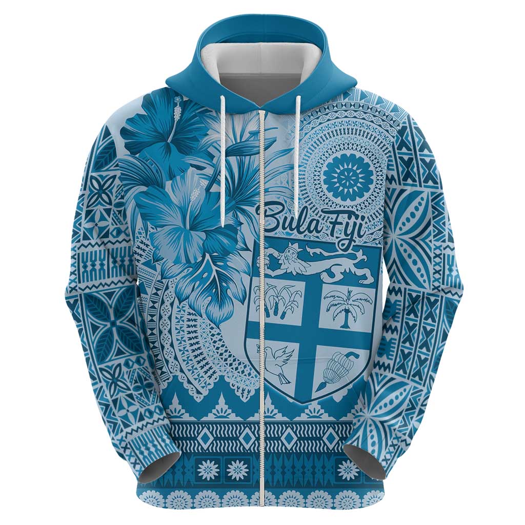 Vintage Bula Fiji Personalised Zip Hoodie Blue Hibiscus Tapa Pattern LT9 - Polynesian Pride