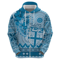 Vintage Bula Fiji Personalised Zip Hoodie Blue Hibiscus Tapa Pattern LT9 - Polynesian Pride