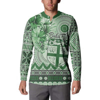Vintage Bula Fiji Personalised Button Sweatshirt Green Hibiscus Tapa Pattern