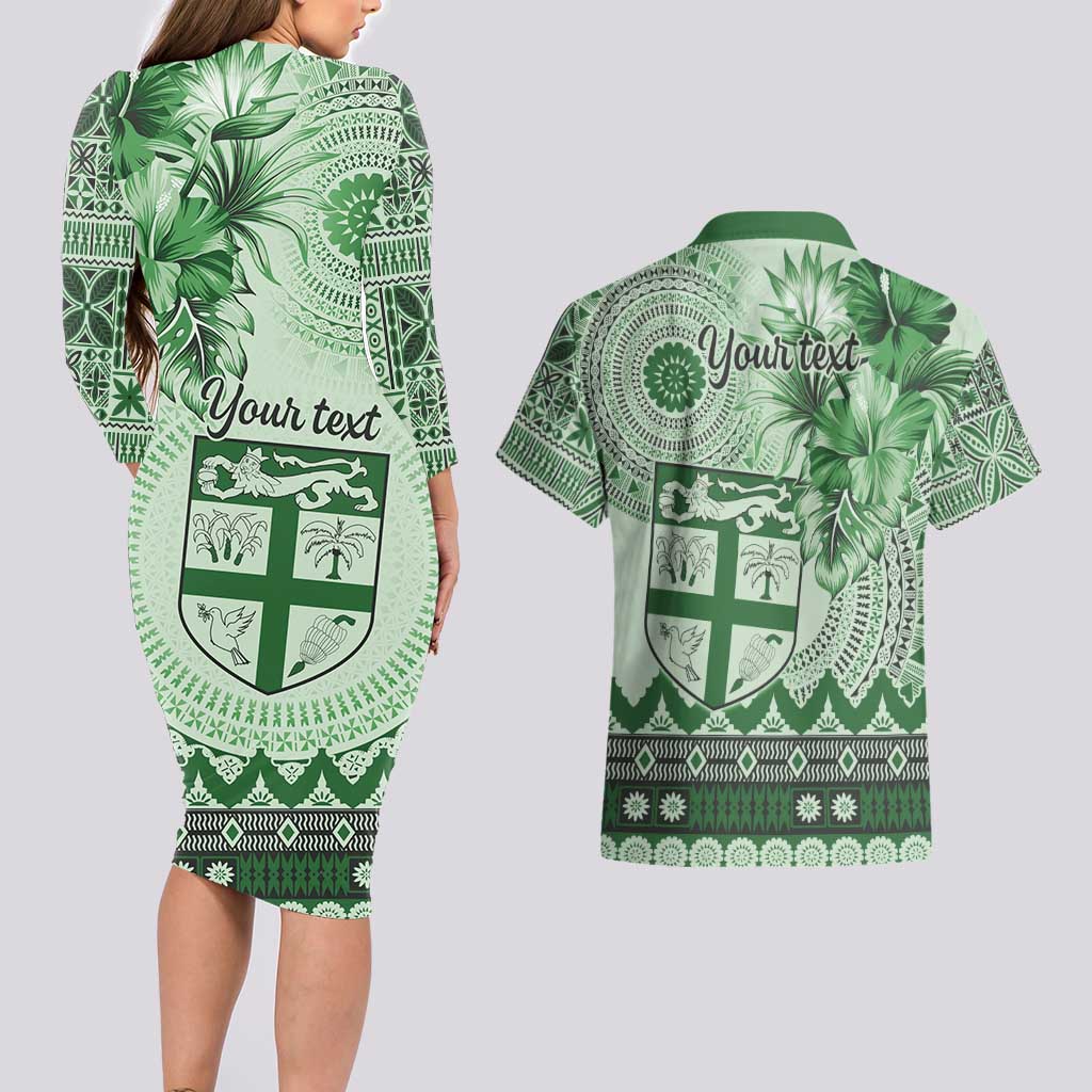 Vintage Bula Fiji Personalised Couples Matching Long Sleeve Bodycon Dress and Hawaiian Shirt Green Hibiscus Tapa Pattern